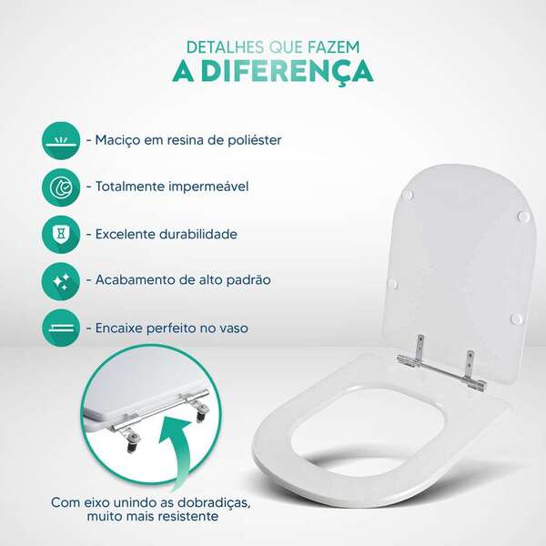 Assento Sanitário Poliéster Vogue Plus Branco Para Vaso Deca 1.6gpf 6lpf - Image 3