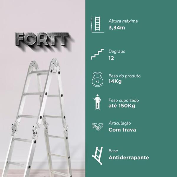 Escada Articulada Multifuncional 4x3 Alumínio Fortt 12 Degraus 3.34m - Eam4x3 - Image 8