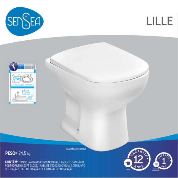 Kit Vaso Sanitário Convencional para Descarga de Parede com Assento Branco Vertical Lille Sensea - Image 6